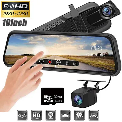 10” Mirror Dash Cam FHD Dual Lens Car DVR Camera Front Rear Video + 32GB SD Card • £0.01