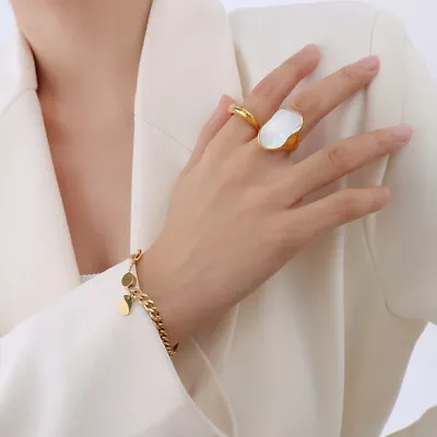 Woman 18k Gold Plated Stainless Steel Mother Of Pearl Shell Band Ring Irregular • $16.05