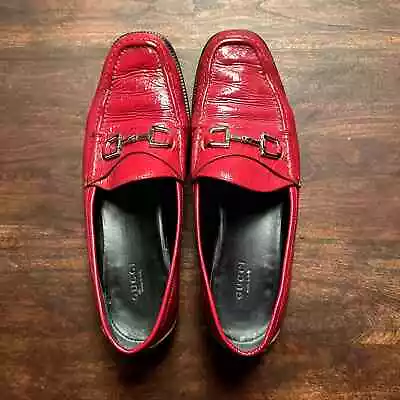 $250 • Buy Vintage Gucci Red Patent Leather Horsebit Loafers 