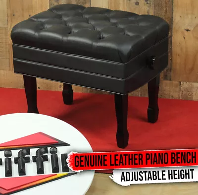 Genuine Leather Adjustable Piano Bench Seat - GRIFFIN Black Wood Keyboard Stool • $277.05