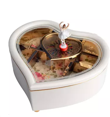 Saim Musical Jewellery Box Heart-Shaped Music Box With Dancing Ballerina White • £19.48