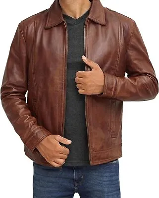 Men's Brown 100% Pure Sheepskin Leather Jacket Finest  Pure Lambskin Leather • $89