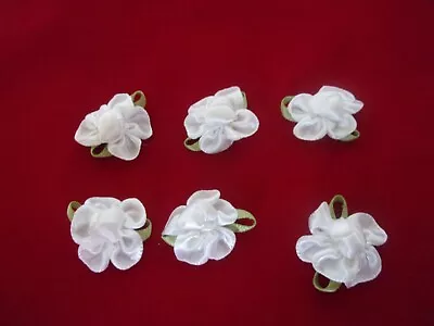 6 Satin Ribbon Flowers Rose Bud Knot Centre Green Leaves Applique 26mm • £2.45