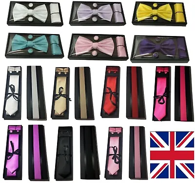 £8.99 • Buy 3 Piece Tie Bowtie Set Gift Box Cufflinks Pocket Square Wedding Father Day