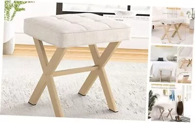  Vanity Stool Square Linen Makeup Stool With Metal X Legs Small Ottoman  • $89.15