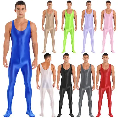 Mens Glossy Oil Sleeveless Full Body Footed Tight Jumpsuit Unitard Dance Costume • $13.15