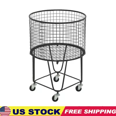 Black Metal Deep Set Metal Mesh Laundry Basket Storage Cart With Wheels Round US • $101.99