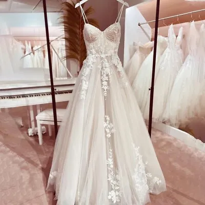 Spaghetti Strap Nude Mesh  Appliqué Lace Train Bridal Gown Wedding Dress • $349.99