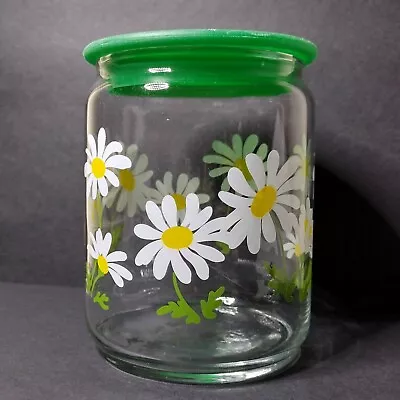 Vtg FIRNA Blown Glass Daisy Flower Print Apothecary Jar Kitchen Canister Green • $25