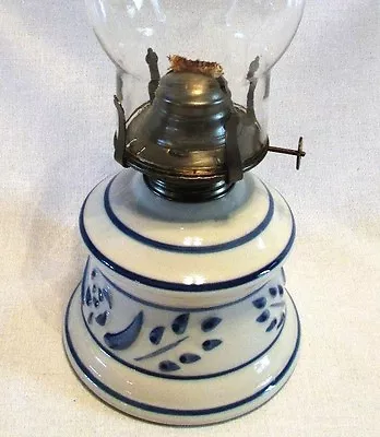 Blue & White Kerosene Or Oil Lamp Delft Like Pattern Unsigned W/out Chimney • $38