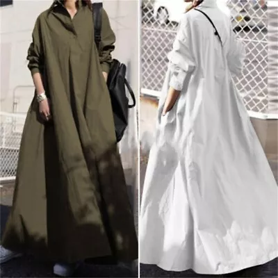 Oversized Long Sleeve Collared Womens Maxi Dress Kaftan Baggy Loose Solid Casual • $28.09