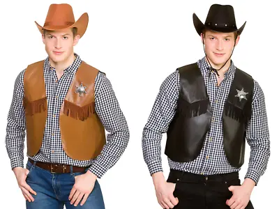 Adult Leather Look Cowboy Waistcoat Sheriff Rodeo Wild West Fancy Dress • $48.42