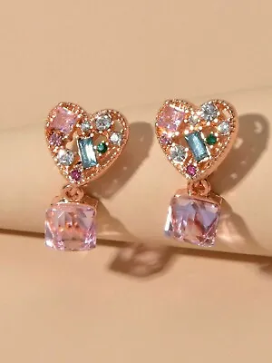 Sweet Textured Shining Crystal Decor Pink Heart Drop Earrings Women Girls Gifts • $2.99