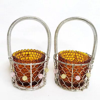 Vintage Easter Metal Chicken Wire Mini Basket Desk Votive Shelf Decor Lot Of 2 • $9.84