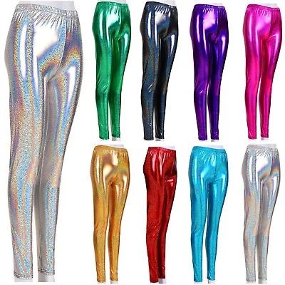 Womens Wet Look Metallic Leggings Shiny Ladies Disco Pants Festival Glitter Club • £9.97