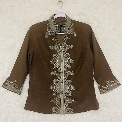 CAROLE LITTLE Womans Nehru Jacket Brown Small Silk Blend Embroidered Beaded • £31.34