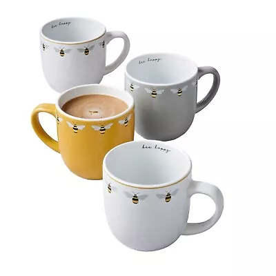 Set Of 4 Bee Happy Printed Mugs Tea Coffee Cups Kitchenware Mug Premium Quality • £13.49