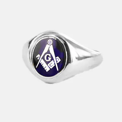 Silver Square And Compass With G Oval Head Masonic Ring (Blue)- Fixed Head • £204