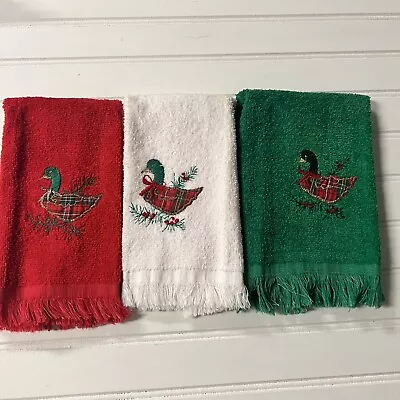 Vintage Set Of 3 Christmas Holiday Hand Towels Ducks Geese 14x11 Red Green White • $7.80