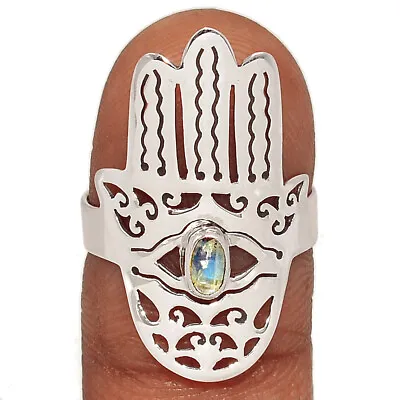 Hamsa Hand - Natural Rainbow Moonstone - India 925 Silver Ring S.6 CR31039 • £9.64