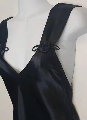 $22 • Buy Val Mode Lingerie Satin Black Nightgown Sleeveless Midi Vneck Rose Pedal Small