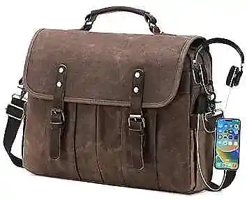  Messenger Bag For Men 15.6 Inch Vintage Canvas Genuine Leather Briefcase Brown • $58.72