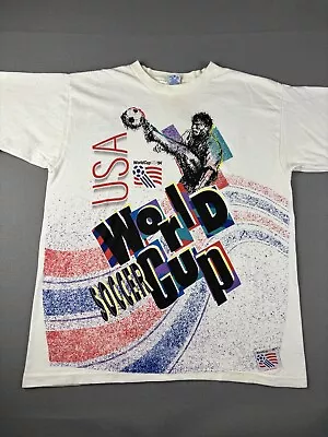 Vintage 1994 World Cup Soccer Shirt Size Large White Futbol All Over Print USA • $85