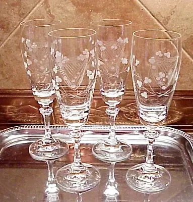 Vintage Etched Champagne Flutes (4) Flowers 7 1/2  Tall Paneled Stems Crystal? • $19.99