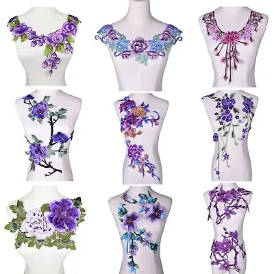 Purple Flower Appliques Embroidery Lace Fabric Neckline Collar Trims Dress Decor • $11.49