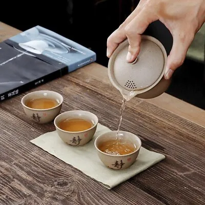 Travelling Tea Set One Pot 3 Matching Cup Portable Bag Crude Pottery Tea Set New • $27.42