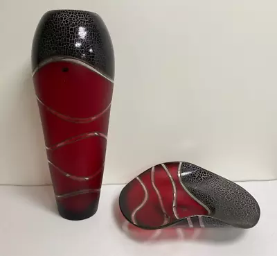 Large Svaja Glass Vase & Dish - Red/Black/Crackle • £199.99