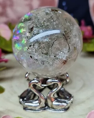 Stunning Garden Quartz Crystal Sphere 5.3cm 200g & Silver Swan Holder Rainbows • £35