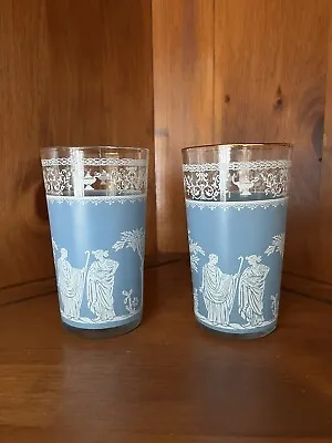 Vintage Blue & White Grecian Hellenic Glass Tumblers - 5  Tall • $12.99