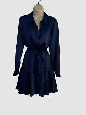 $395 Milly Women's Blue Noah Ruffle Button-Down Satin Mini Dress Size 12 • $110.78