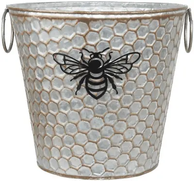 20cm Metal Honey Comb Bumble Bee Plant Pot Tin Pail Planter Gold Decor • £8.95