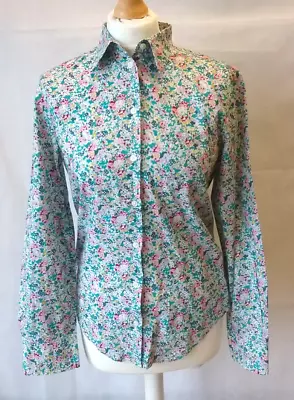 Liberty Of London White Floral Cotton Blouse/Shirt Size 12 Long Sleeve Buttons • £24.99