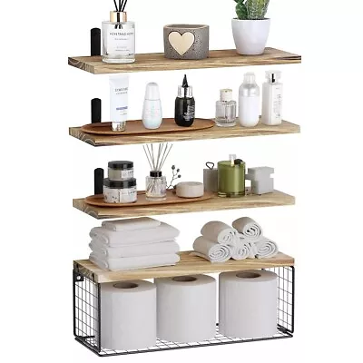 4PCS Wooden Floating Shelves Wall Mounted Display Storage Hold Book Shelf • £13.99