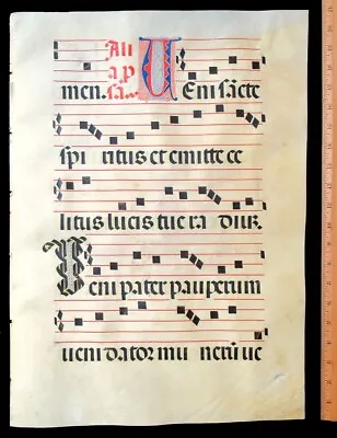 ILLUMINATED MANUSCRIPT CHOIRBOOK LEAF SPAIN C 1475  4 LARGE ELABORATE INITIALS • $295