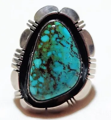 Artist Signed Platero Navajo Morenci Turquoise Shadow Box Sterling Silver Ring • $275