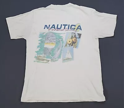 Rare Vintage NAUTICA Windward Sailing N95 Spell Out Pocket T Shirt 90s White L • $34.99