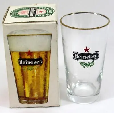 Vintage Heineken Gold Rimmed Beer Bar Glass W/ Box ~ 5.5  Tall ~ Lot #3 • $12.99