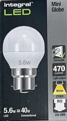 Integral 5.6w=40w G45  Led Golf Ball Bulb  470lm  2700k Dimmable  Frosted Bc/b22 • £5.75