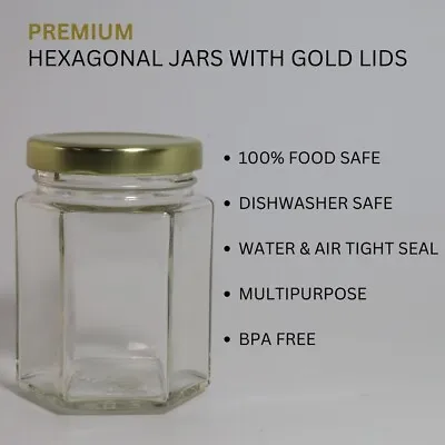 190ml 6oz Hexagon Glass Jars Pack Of 12 Empty Hex Jars W/Gold Lids Ships Free • $21.95