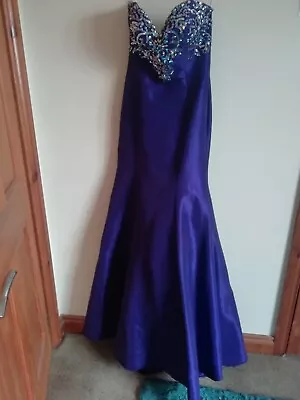 Long Blue Satin Fishtail Prom Dress Off Shoulder And Bling On Bodice Size 6 New • £29.99