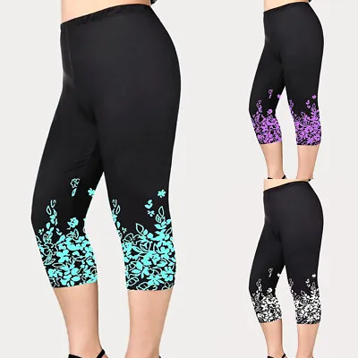 Plus Size Women Floral 3/4 Capri Pants Leggings Gym Yoga Sport Cropped Trousers • £10.69