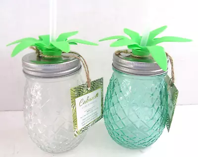 (Set Of 2) Pineapple Shaped Glass Cocktail Drinking Mason Jar Tumbler W/ Straw • $18.95