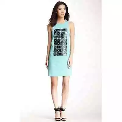 New Tibi Green Teal Turquoise Black Bonded Vinyl Applique Dress Women's Size 2 • $47