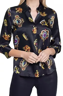 L'agence 3 Quarter Sleeve Jewel Print Silk Buttondown Shirt Size Small • $99
