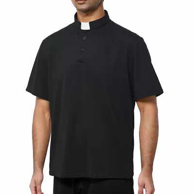 Mens Clergy Polo Shirt Priest Vicar T Shirt Pastor Tops With Clerical Tab Collar • $22.99