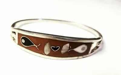 Vintage Mexico Alpaca Silver Inlaid MOP Hinge Bracelet Red Fish  • $14.99